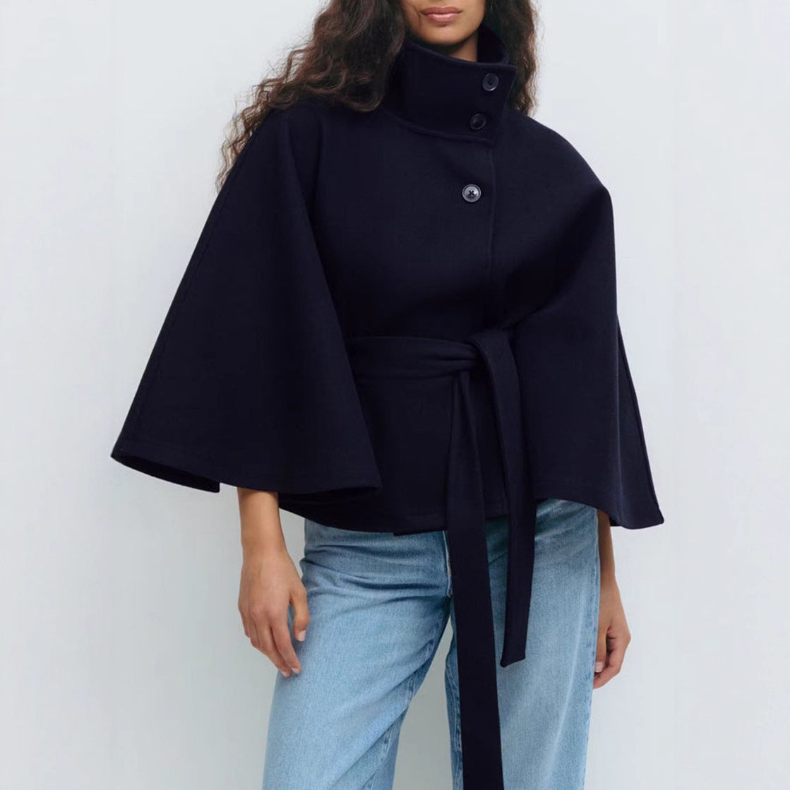 High Neck Belted Batwing Coat