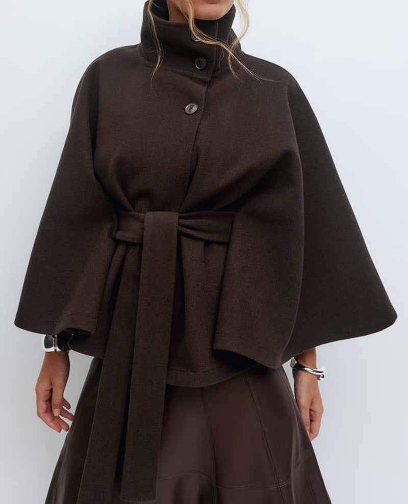 High Neck Belted Batwing Coat