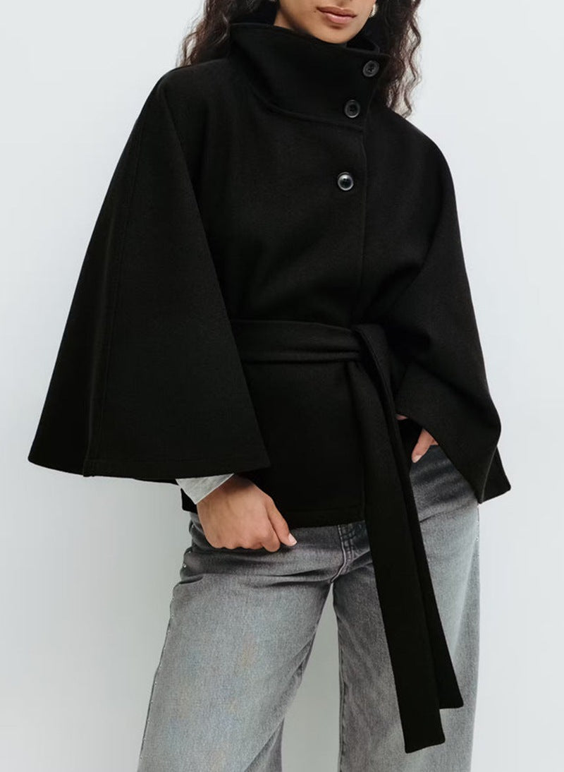 High Neck Belted Batwing Coat