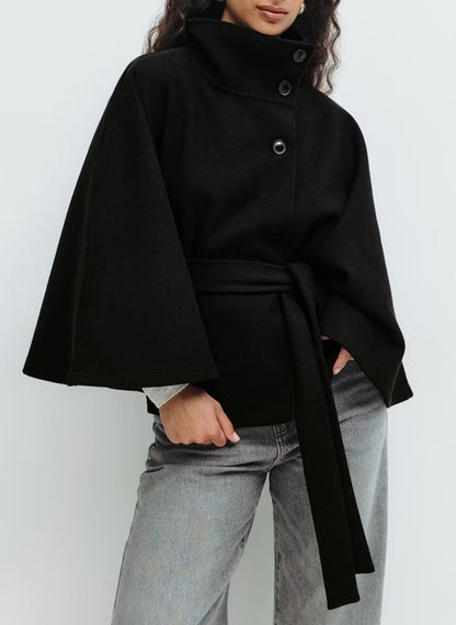 High Neck Belted Batwing Coat