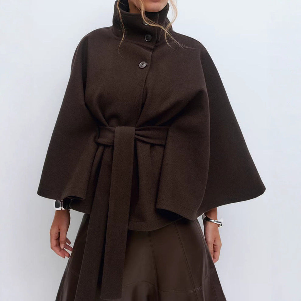 High Neck Belted Batwing Coat