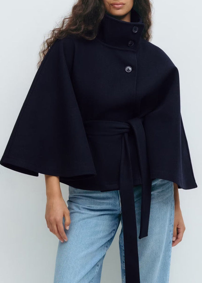 High Neck Belted Batwing Coat