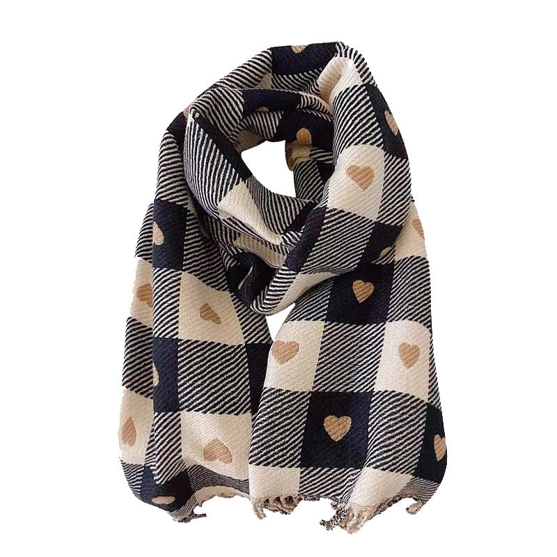 Heart Pattern Cashmere-Style Scarf with Fringe