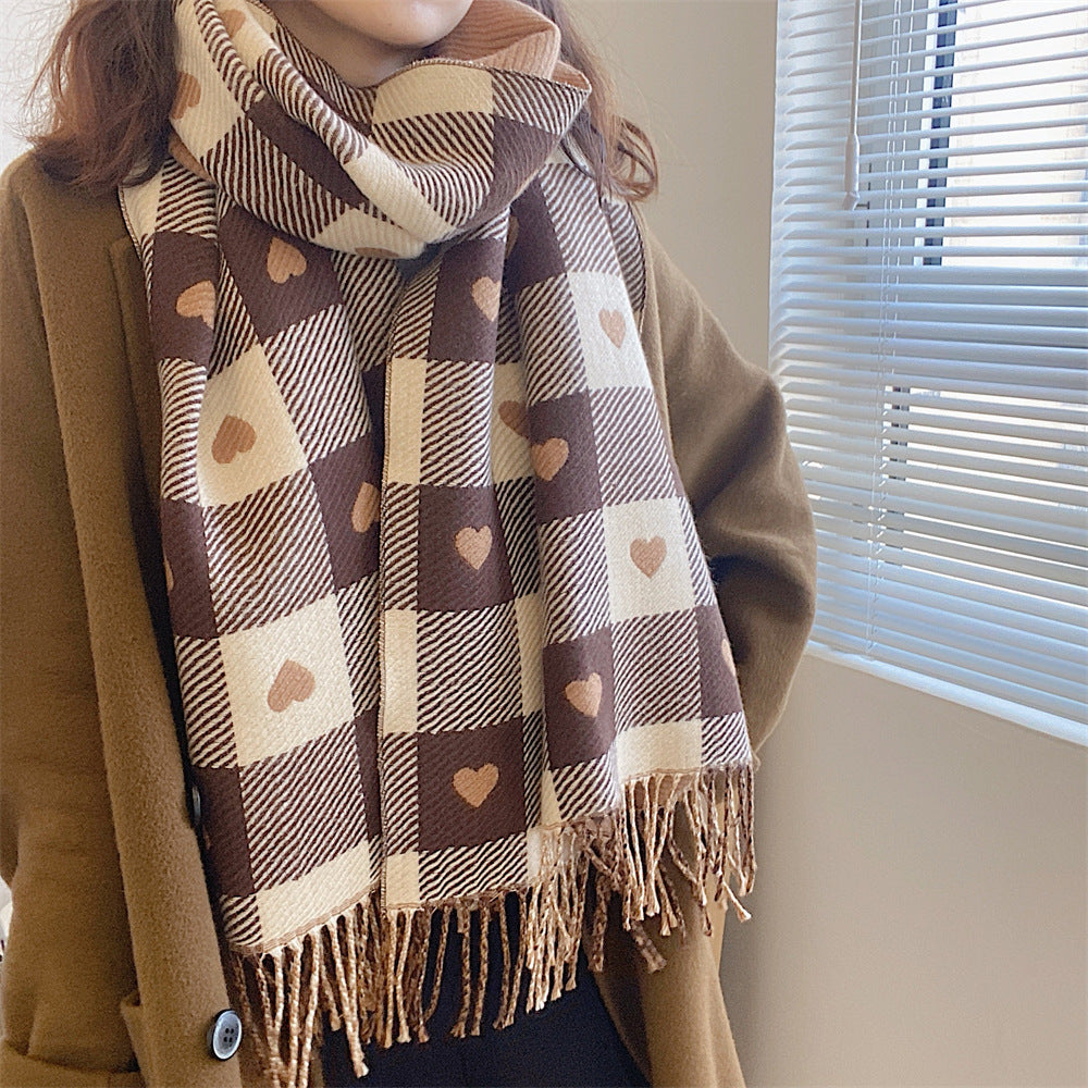 Heart Pattern Cashmere-Style Scarf with Fringe