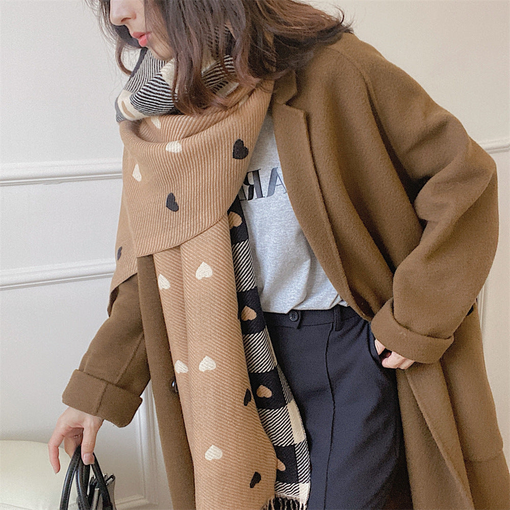 Heart Pattern Cashmere-Style Scarf with Fringe