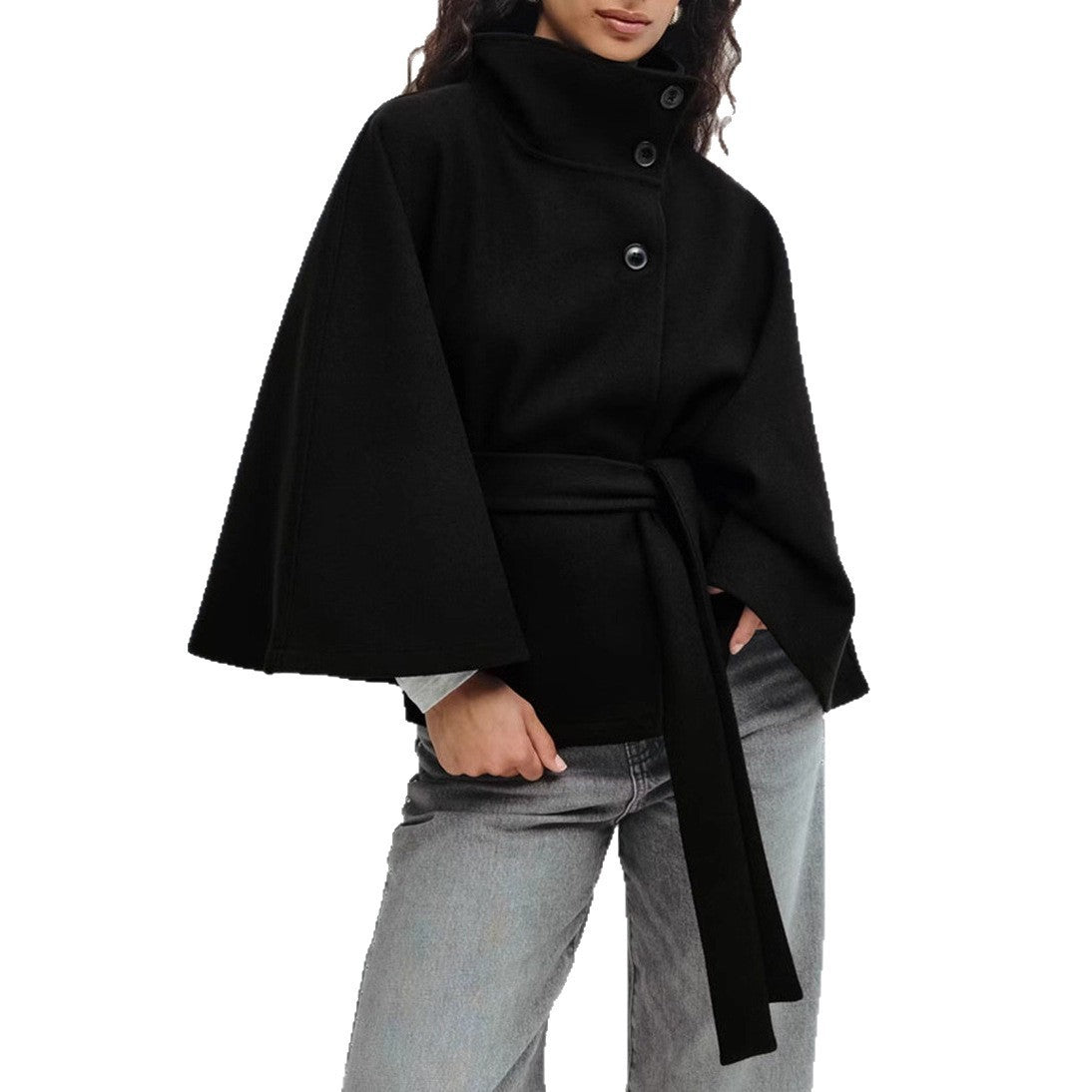 High Neck Belted Batwing Coat